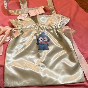 Sanrio Satin Bag with Hangyodon Character - Mint Green with bows Draw String